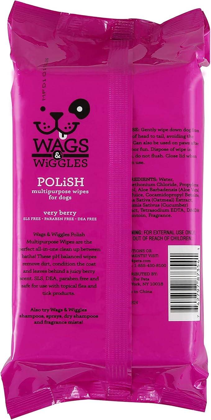Wags & Wiggles Polish Multipurpose Wipes for Dogs, Very Berry Scent - Scented Dog Wipes Clean & Condition Your Dog's Coat Without A Bath, 100 Count - 12 Pack