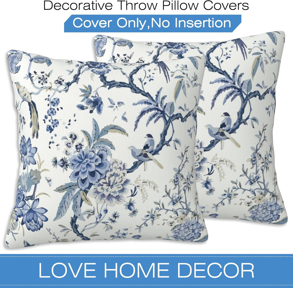 Chinoiserie Throw Pillow Cover Case Blue White Flowers Throw Pillows Set of 2 Super Soft Pillow Covers 20x20 Inches Farmhouse Home Decor for Living Room Bedroom Sofa Couch Cushion Cover