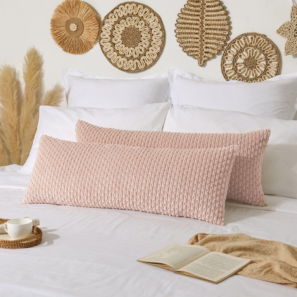 Kevin Textile 14x36 Inch Long Lumbar 1 Pack Boho Decorative Throw Pillow Cover Soft Striped Corduroy Rectangle Cushion Case Farmhouse Accent for Living Room Couch Sofa Bed, Light Pink