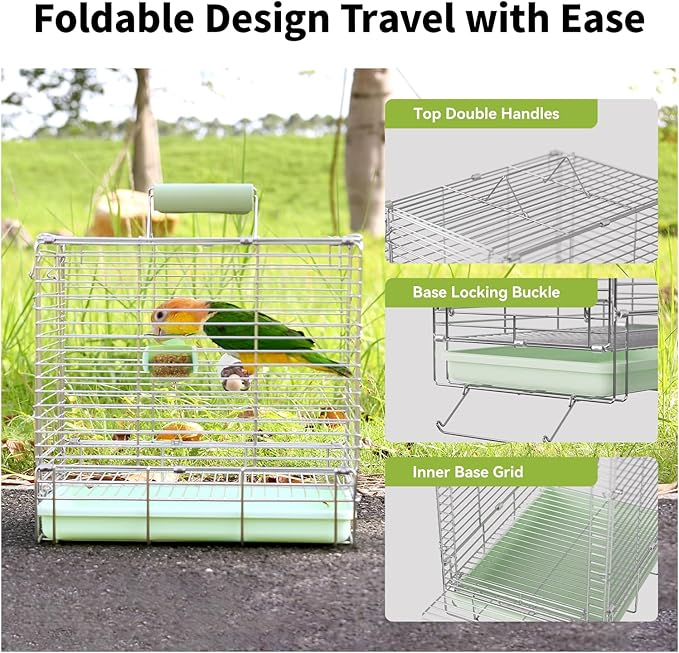Bird Carrier Travel Cage - 304 Stainless Steel Portable Folding Bird Travel Cage with Parrot Feeder Cups & Standing Perch for Smaller Birds Conures Lovebird Cockatiel Parakeets (Green)