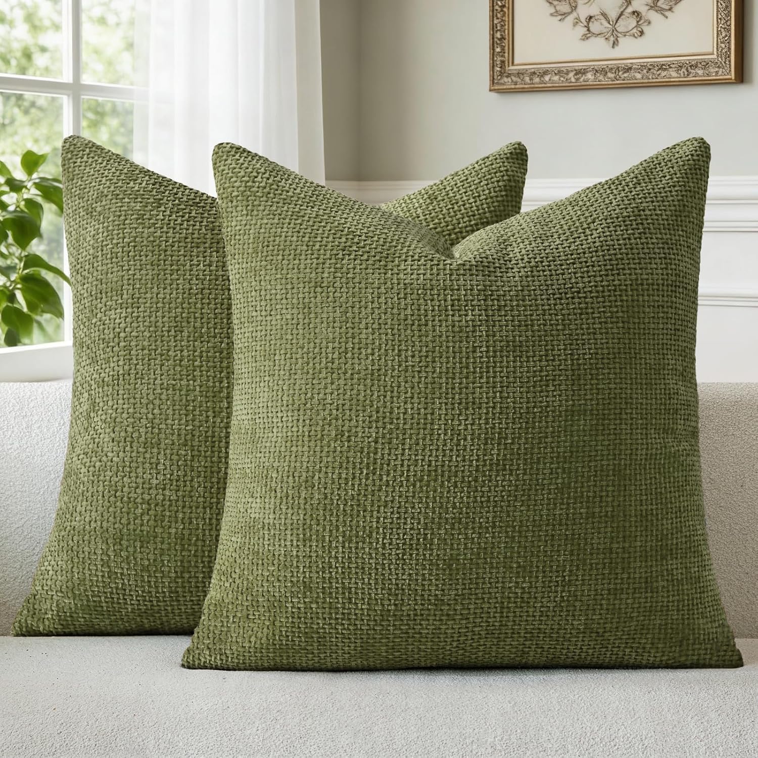 a moment Olive Green Chenille Throw Pillow Covers 18x18 Inch Pack of 2 Modern Decorative Throw Pillow Covers Farmhouse Cross Covers Home Decor for Sofa Bedroom Living Room