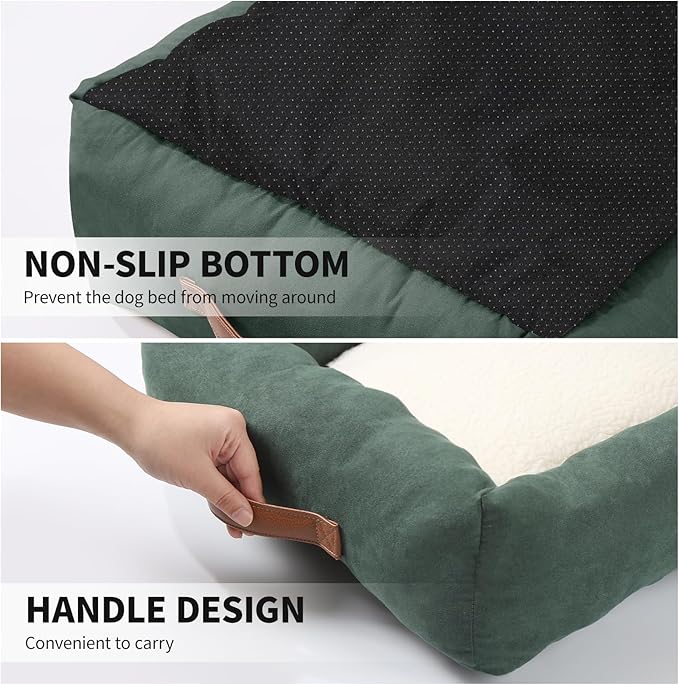 25In Dog Bed for Small Medium Sized Dogs - Washable Rectangle Puppy Bed for Indoor Outdoor, Cozy Pet Bed with Support Pillow & Non-Slip Bottom(Green, Medium)