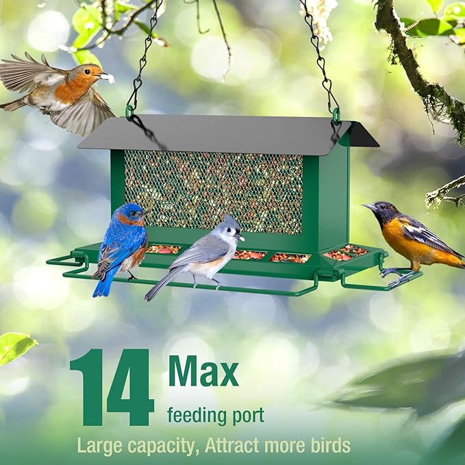 Bird Feeder for Outdoor Hanging, Large Squirrel Proof Birdfeeders with 14 Feeding Ports - Heavy Duty Metal Bird Feeders for Large Capacity Outside Hanging, Green