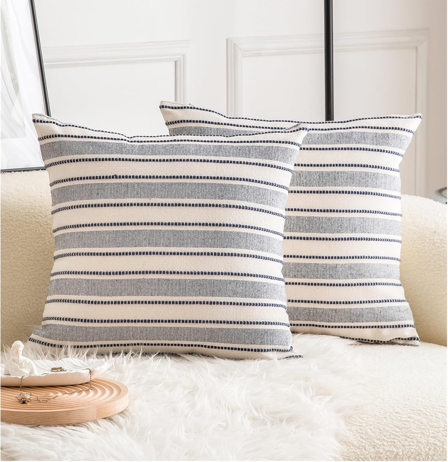 Decorative Boho Throw Pillow Covers, Farmhouse Textured Pillow Case, 20 x 20 Inch Set of 2, Chair Sofa Bedroom Living Room Decor Couch Cushion Case, Navy Blue and Beige Striped