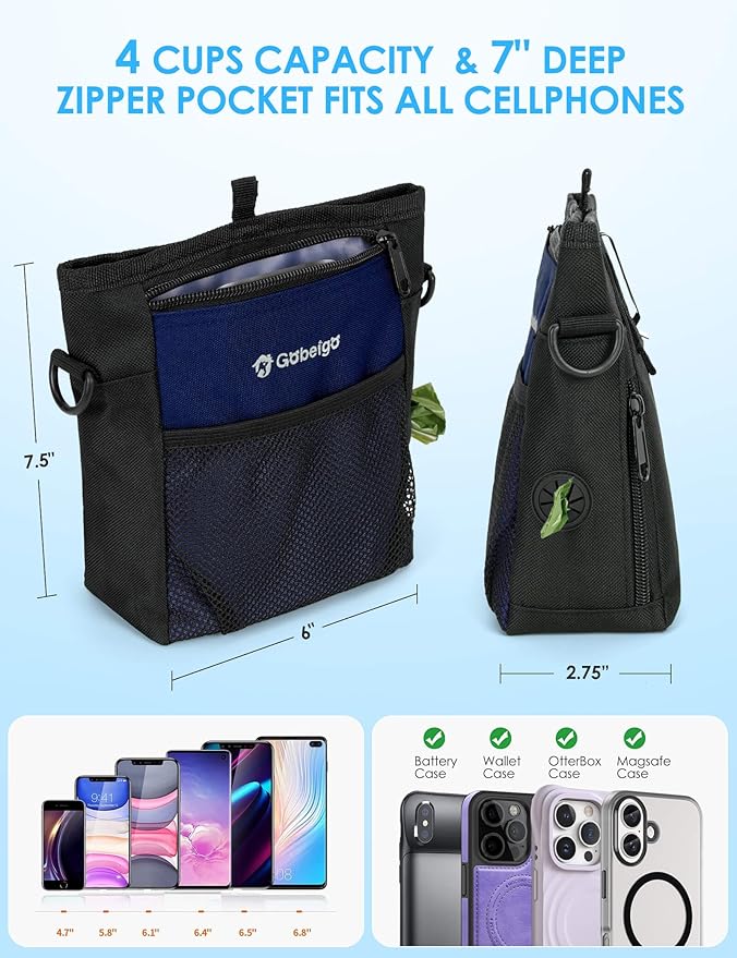 Gobeigo Dog Treat Pouch with Silicone Snack Bag, Front Pocket fits All Phones, 4 Cup Treat Bag with Training Clicker, Upgrade Stronger Magnetic Closure, 3 Ways to Wear Walking Fanny Pack (Navy Blue)