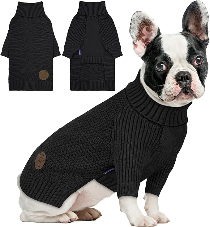 cyeollo Fleece Dog Sweaters for Medium Dogs Male, Stretchy Warm Turtleneck Doggy Clothes for Fall Winter Pullover Doggie Jacket Boy Thermal Knit Pet Apparel with Sleeves, Black XL