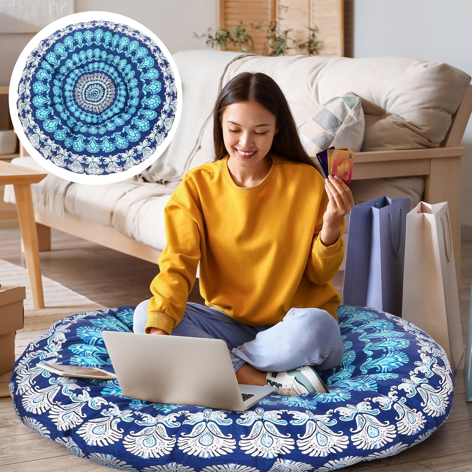 35" Large Mandala Floor Cushion Round Meditation Floor Pillow Cushion for Adults Oversized Playroom Pillows Reading Nook Big Pillow for Sitting Yoga Living Room Sofa Balcony