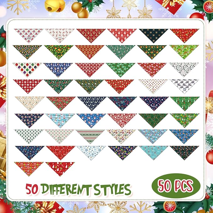 Abbylike 50 Pcs Dog Bandanas Bulk Pet Scarfs Triangle Bibs Adjustable Washable Puppy Kerchief Seasonal Pet Costume Accessories Grooming Supplies for Small Medium Large Dogs Cats(Christmas)