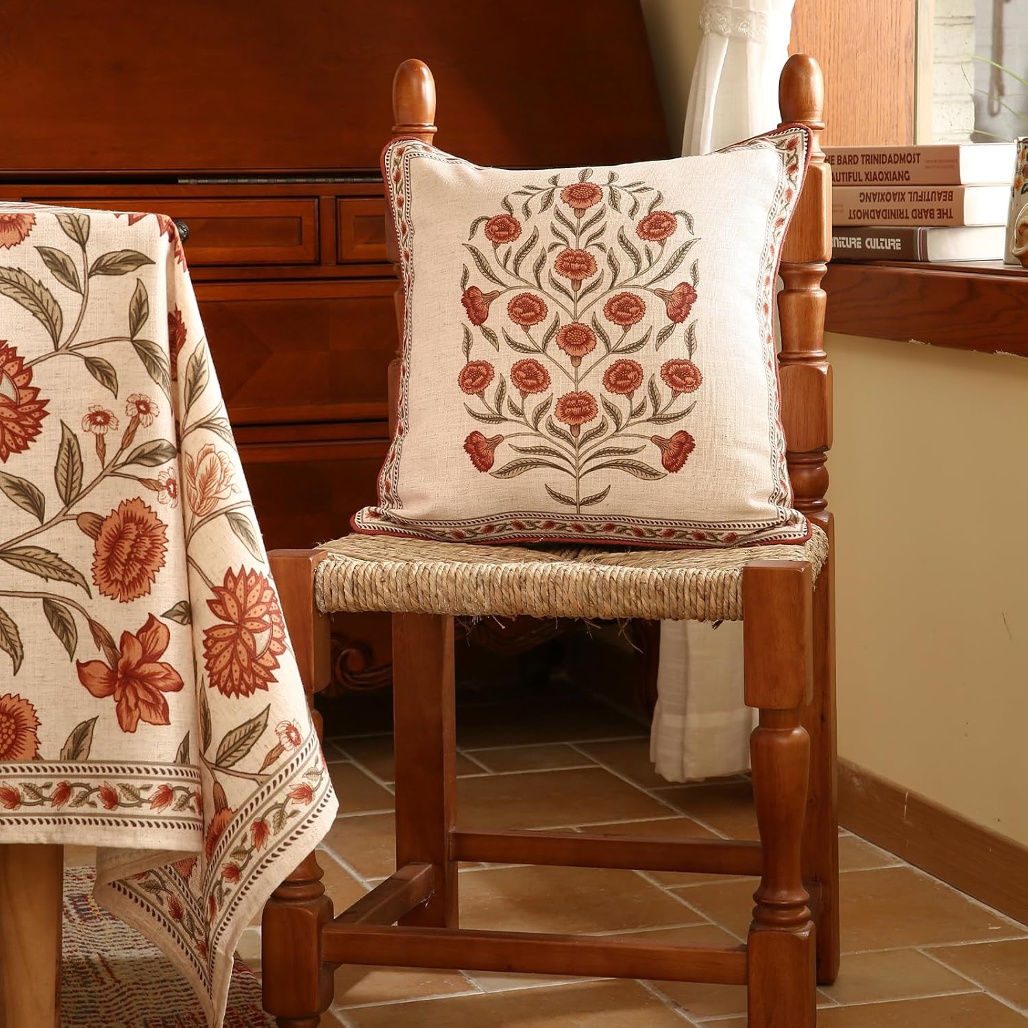 ISAENNE Design Linen Square Vintage Throw Pillow Covers 18"x18", Brick Red Cushion Covers with Orange Floral Green Leaves Pattern Decoration Pillowcases for Bed,Living Room,Outdoor,Car