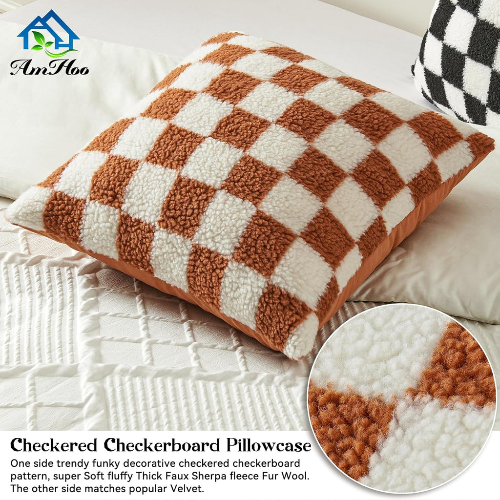 AmHoo Pack of 2 Decorative Throw Pillow Covers Checkerboard Luxury Super Soft Faux Fur Wool Set Case Cushion for Couch Sofa Bedroom 22 x 22-Inch Burnt Orange