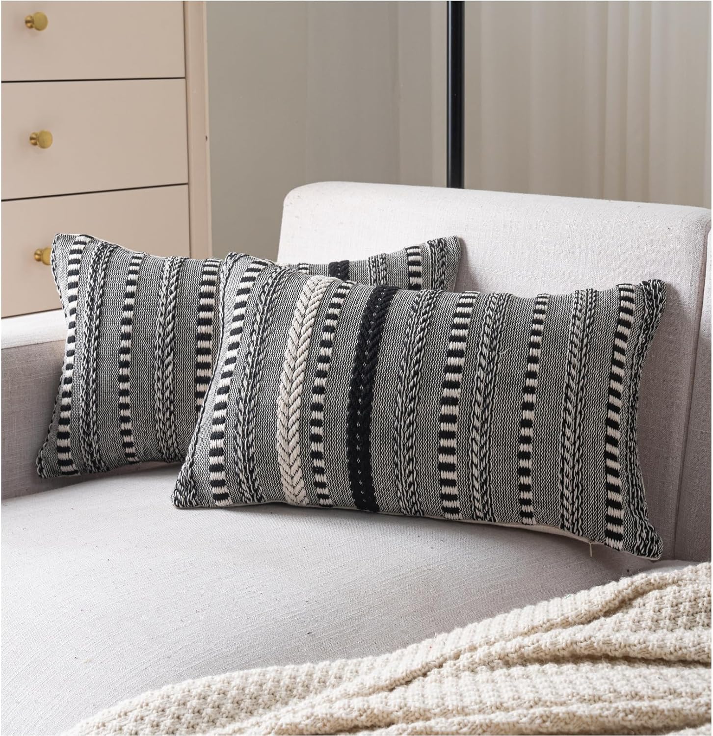 Boho Throw Pillow Covers 12x20 Inch Set of 2, Farmhouse Decorative Couch Pillow Cases, Black Accent Pillows of Bed, Sofa Bedroom Living Room Home Decor Cushion Cover