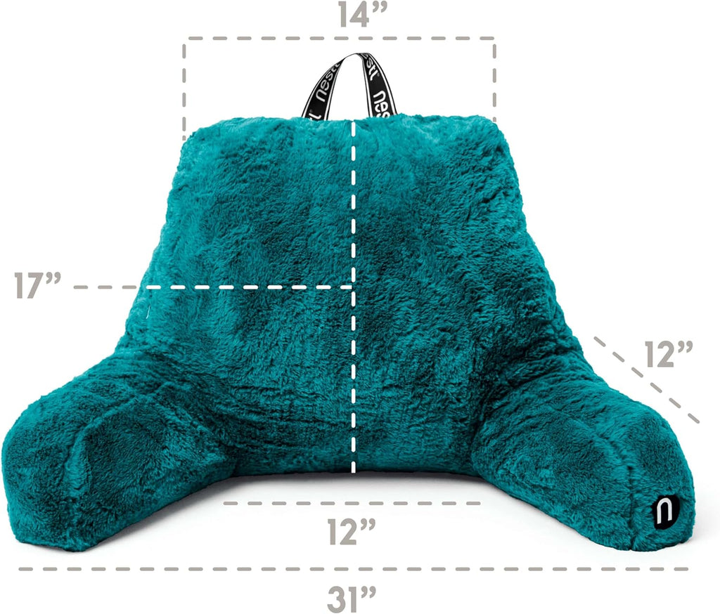 Nestl Fur Reading Pillow, Stylish Back Pillow for Bed Sitting Up, Faux Fur Bed Chair Pillow with Arms, Reading Pillows for Sitting in Bed Adult & Kids, Sit Up Back Support Pillow for Bed Rest - Teal