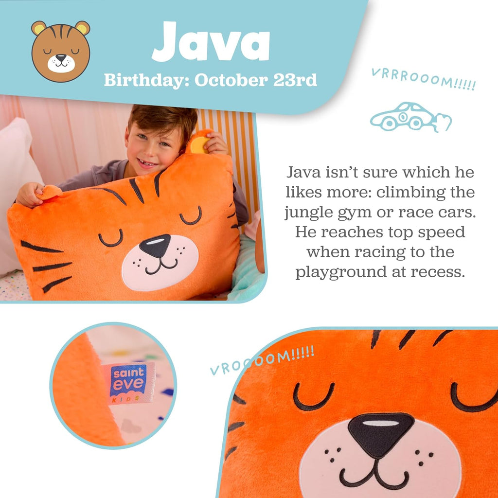 Saint Eve Kids Pillow Pals Fuzzy Pillow Case, Cute Animal Friends Soft Pillow Cover for Kids Beds and Nap Time - Java The Tiger