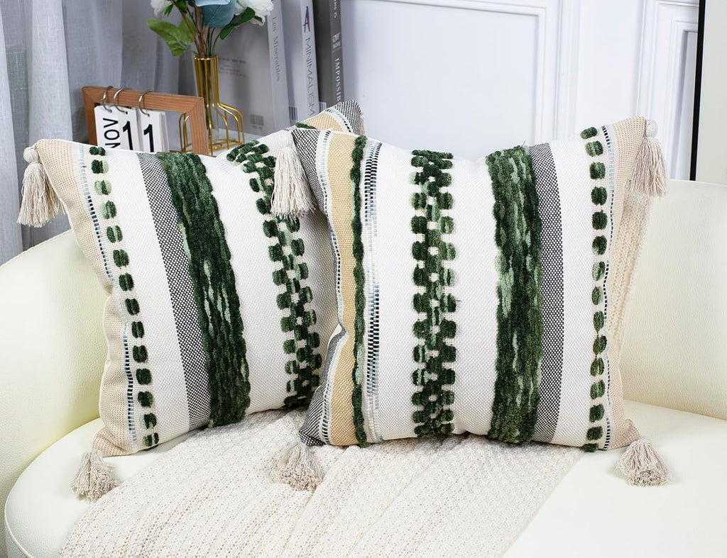 PANOD Chenille Farmhouse Throw Pillow Covers 18 x 18 Dark Green, Neutral Boucle Couch Pillow Cover, Striped Decorative Boho Coushion Cover Pillow Case for Couch Bed Sofa Bedroom,Modern Accent,Set of 2
