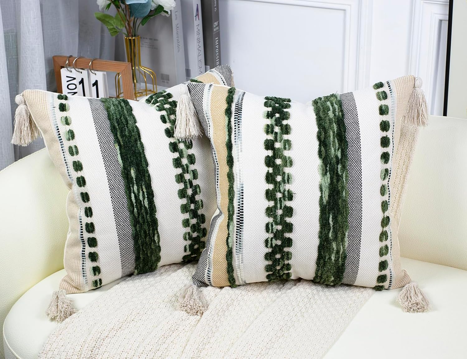 PANOD Chenille Farmhouse Throw Pillow Covers 18 x 18 Dark Green, Neutral Boucle Couch Pillow Cover, Striped Decorative Boho Coushion Cover Pillow Case for Couch Bed Sofa Bedroom,Modern Accent,Set of 2