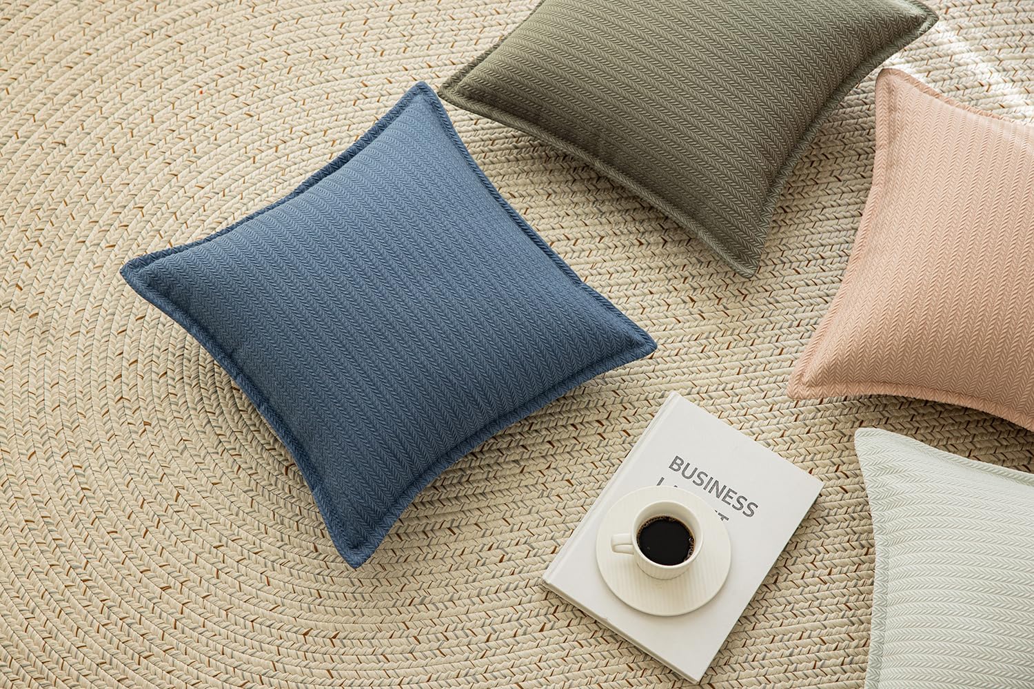 Set of 2 Herringbone Embossed Stripe Flange Throw Pillow Covers for Couch and Bed - 18"x18", Steel Blue