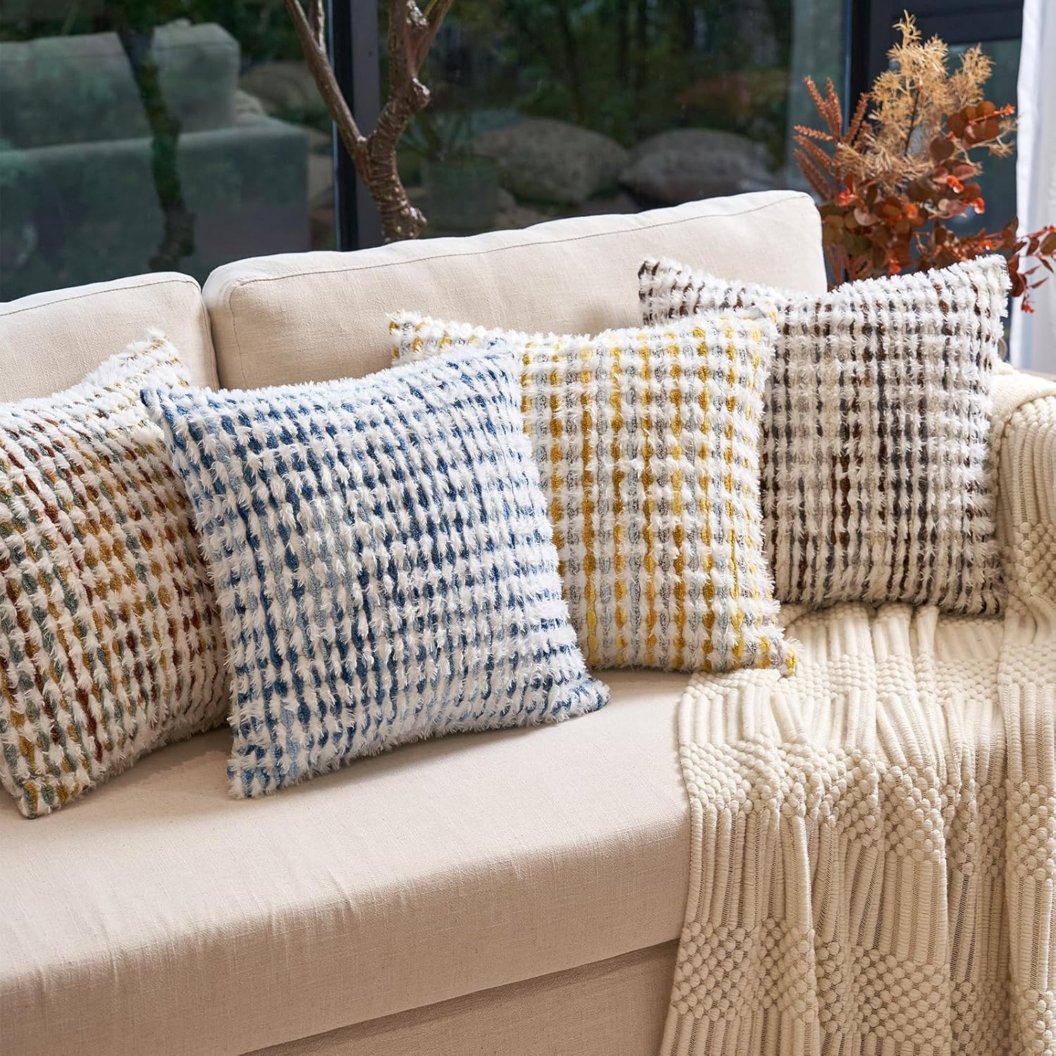 Aeckself Boho Chenille Tufted Pillow Cover 20x20 Inch, Decorative Square Throw Pillow Cover Neutral Pillowcase for Couch Bedroom Living Room, Blue White