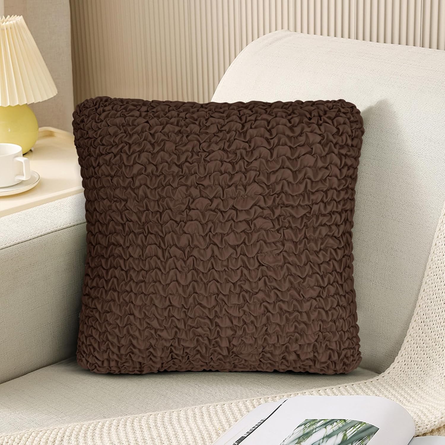 Throw Pillow Covers 18x18 Inch Solid Stretch Fabric Flexible Size Decorative Pillow Covers 20x20 Inch with Hidden Zipper Farmhouse Square Cushion Case for Couch Sofa Bed (Pack of 1, Brown)