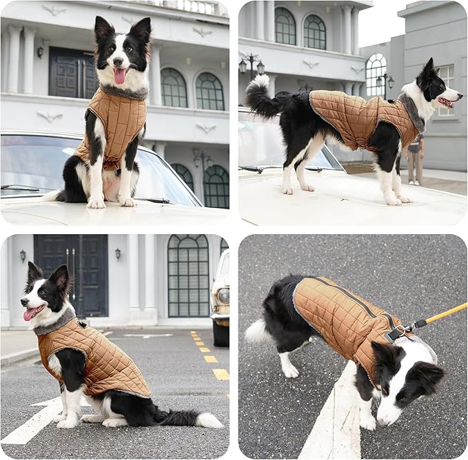 Warm Fleece Dog Coats with Durable Harness Buitl in D-Ring,Waterproof Doggie Jacket for Medium Dogs,Dog Vest for Cold Winter,Burnished Khaki XL