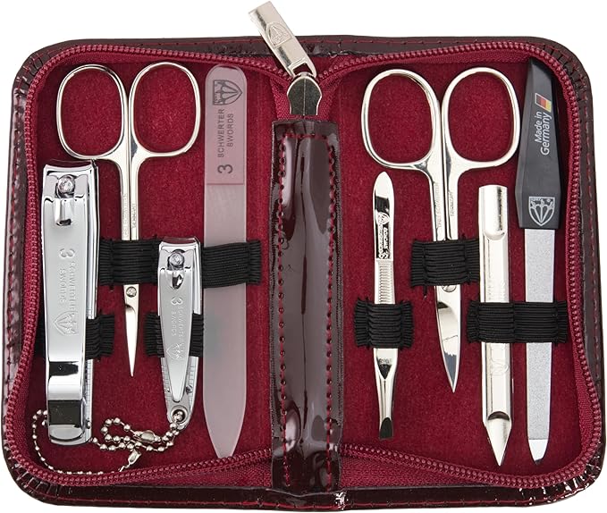 3 Swords Germany - brand quality 8 piece manicure pedicure grooming kit set synthetic leather case shiny burgundy - Made in Germany