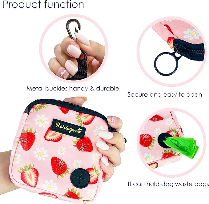 Dog Treat Pouch for Pet Walking and Training with Clicker Poop Bags Small Fanny Zipper Pack Holder for Puppy Snack Dispenser Kit for Leash and Outdoor Use (Strawberry)