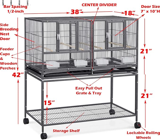 Combo Breeding Stacker Center Divided Breeder Bird Flight Double Rolling Cage with Side Breeding Nest Door (Black Vein, Single Stack)