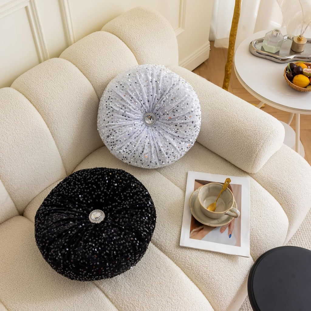 Round Throw Pillow, 13.7" Soft Glitter Sequin Pleated Pumpkin Decorative Round Pillow Circle Floor Pillow Cushions for Sofa Bed Chair Living Room Floor Home Decoration, Black