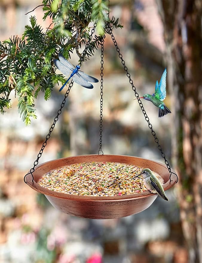 Hanging Bird Bath for Outdoor, Antique Copper Metal Bird Feeder Birdbath Bowl with 17” Rust-Proof Black Chains for Garden Backyard Decor