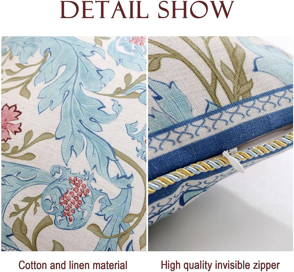 patdrea Designer Throw Pillow Covers for Couch 18"x18",Vintage French Linen Pillows Cover with Blue Floral Pattern,Fall Luxury Farmhouse Decorative Pillowcases for Bed Living Room Outdoor Set of 2