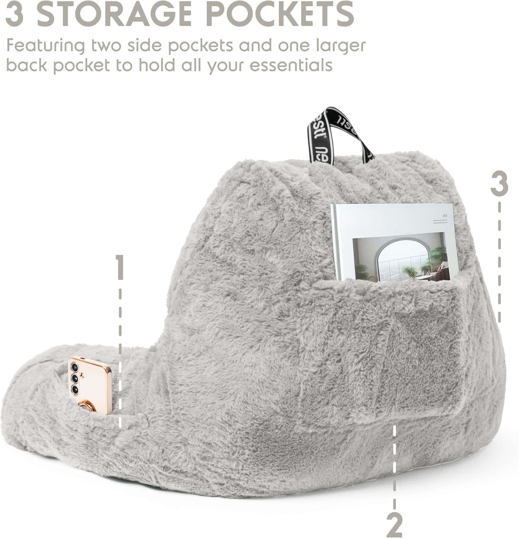 Nestl Fur Reading Pillow, Stylish Back Pillow for Bed Sitting Up, Faux Fur Bed Chair Pillow with Arms, Reading Pillows for Sitting in Bed Adult & Kids, Back Support Pillow for Bed Rest - Light Grey