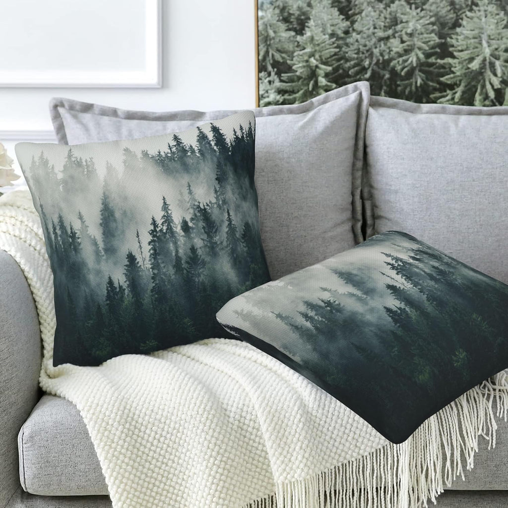 Misty Forest Throw Pillow Cover Case Foggy Forest Throw Pillows Set of 2 Super Soft Pillow Covers 18x18 Inches Farmhouse Home Decor for Living Room Bedroom Sofa Couch Cushion Cover
