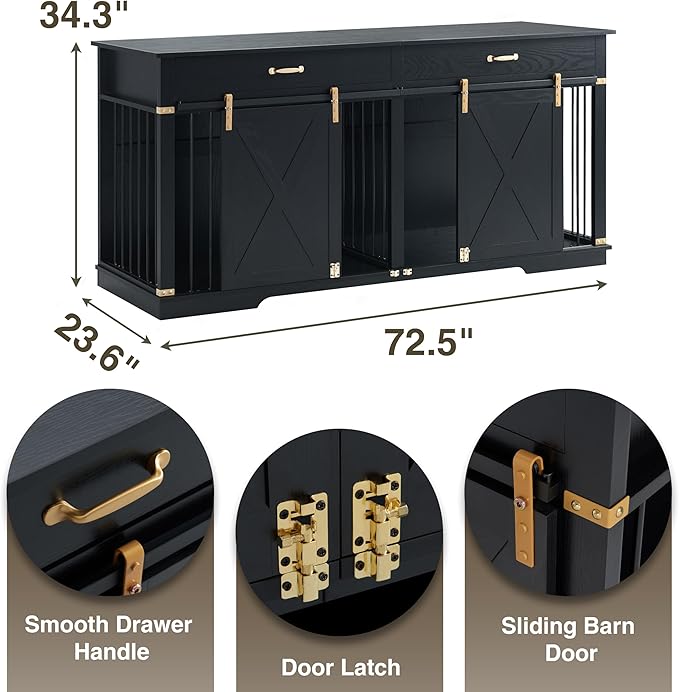 72.5" Extra Large Furniture Style Double Dog Crates for Large Breeds, XXL Wooden Dog Kennel Furniture with Drawers, Divider, Water Resistant & Barn Door for 2 Dogs, Black