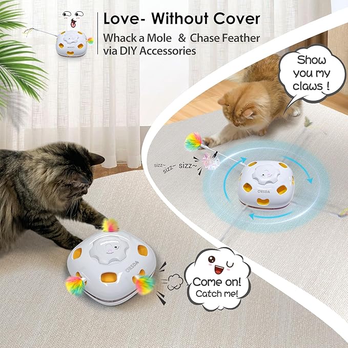 ORSDA 4 in 1 Interactive Cat Toys - Automatic Cat Toys for Indoor Cats & Kittens, 8 Holes Mice Whack-A-Mole, Hide and Seek Smart Motion with 5PCS DIY Replacement Refills