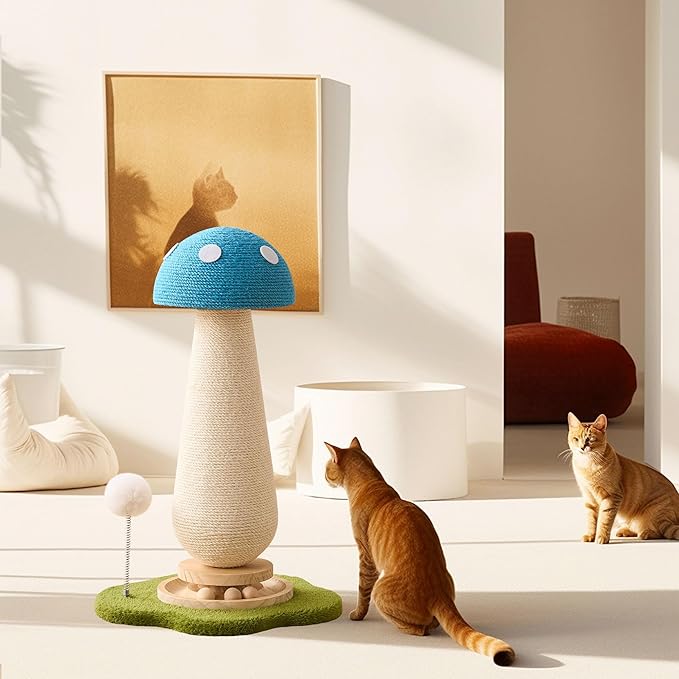 21.5‘’ H Cat Scratching Post with Catnip,Cute Mushroom Cat Scratcher Post with Durable Natural Solid Wood Turntable Toy, Sky Blue Mushroom Shape Design Cat Toy Cat Sisal Scratcher for Indoor Cats