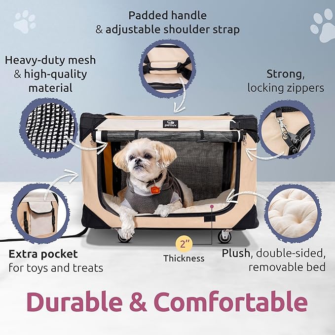 Large Cat Carrier on Wheels & Dog Carrier for 2 Cats or Medium Dog. Rolling, Soft Sided Pet Carrier for Travel. Collapsible, Portable Cat Bag with Soft Bed, Top & Side Loading, Locking Zippers
