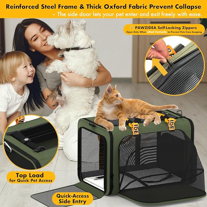 PAWZIDEA Expandable Large Pet Carrier with Wheels, 24x16x16 in Rolling Cat Carrier for 2–4 Cats up 55lb, Soft-Sided Collapsible Small Medium Dog Crate for Car Travel, Telescopic Handle, Storage Pocket