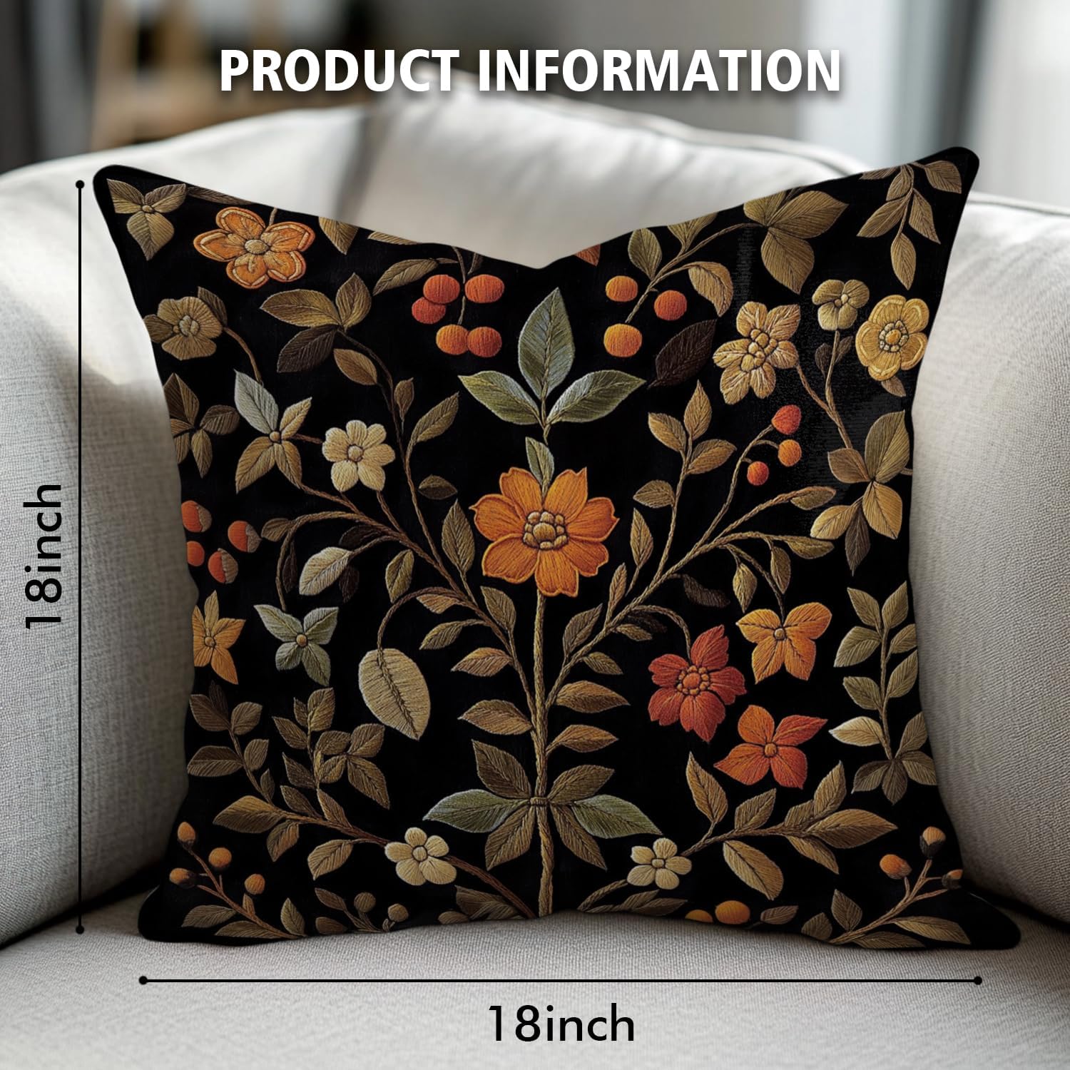 William Morris Abstract Vintage Print Floral Velvet Design Throw Pillow Covers Home Decor, Retro Art Deco Pillowcase Cushion Cover for Bed Sofa Living Room, Square 18x18inch (Black-Floral)