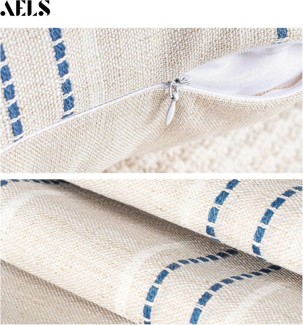 AELS 16x16 Decorative Farmhouse Linen Throw Pillow Covers, Boho Textured Pillow Case, Set of 2,Beige with White & Navy Blue Stripe Patchwork Cushion Cover for Sofa Couch Living Room(Cover ONLY)