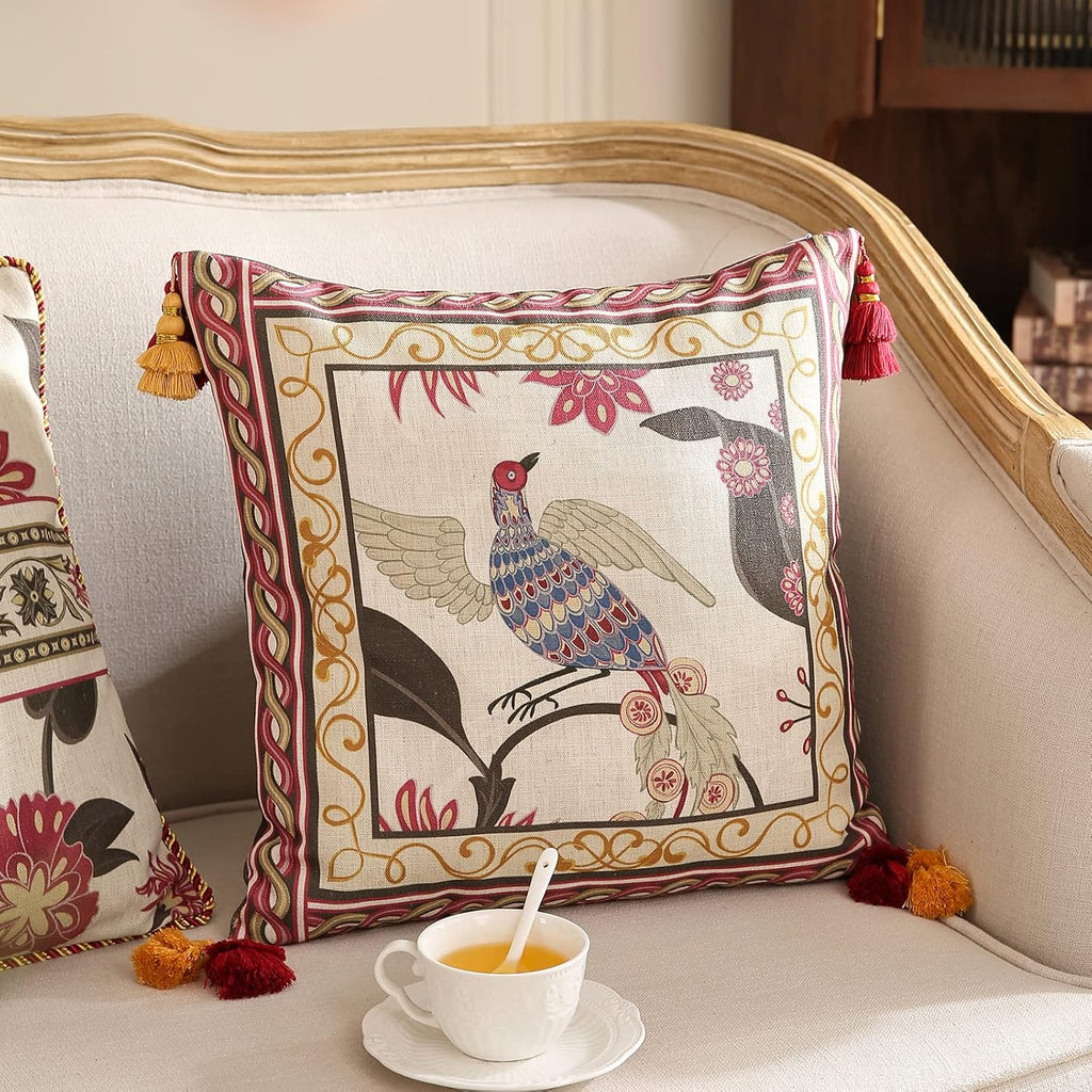patdrea Designer Throw Pillow Cover 18"x18",Vintage Bird and Floral Pattern Linen Pillows Cover with Red and Yellow Pendant Charms,Square Decorative Pillowcases for Living Room Outdoor,Set of 2