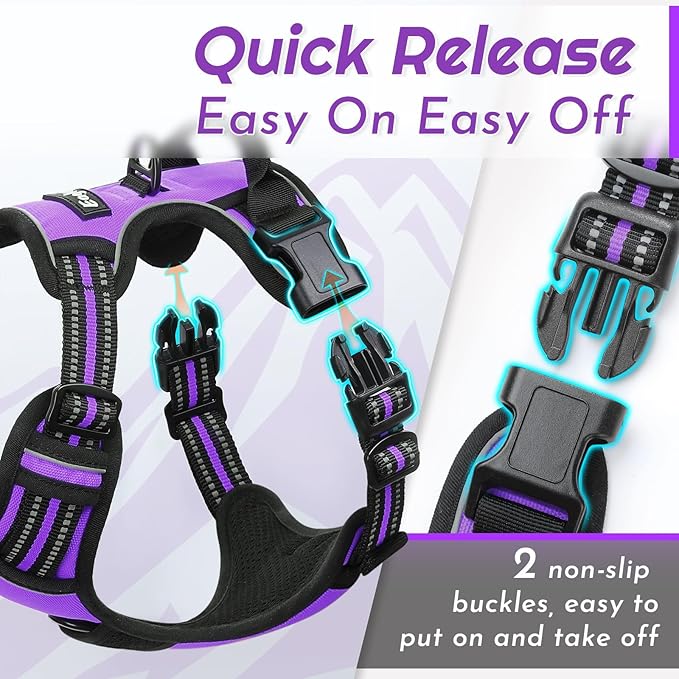 Eagloo Dog Harness Medium Sized Dog, No Pull Service Vest with Reflective Strips and Control Handle, Adjustable and Comfortable for Walking, No Choke Pet Harness with 2 Metal Rings, Purple, M