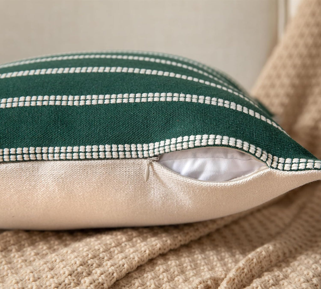 Caflife Boho Throw Pillow Covers 18x18 Set of 2 Soft Farmhouse Decorative Couch Pillow Cases Dark Green Striped Pillow Covers Neutral Cushion Covers for Sofa Bed Living Room Home Decor