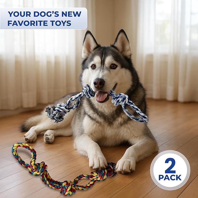 Pup Quartet Dog Rope Toy for Aggressive Chewers 2-Pack Tug of War Dog Toy with Thick Knots Heavy Duty Rop Toys for Dogs – Indestructible Rope Chew Toys for Medium & Large Dogs