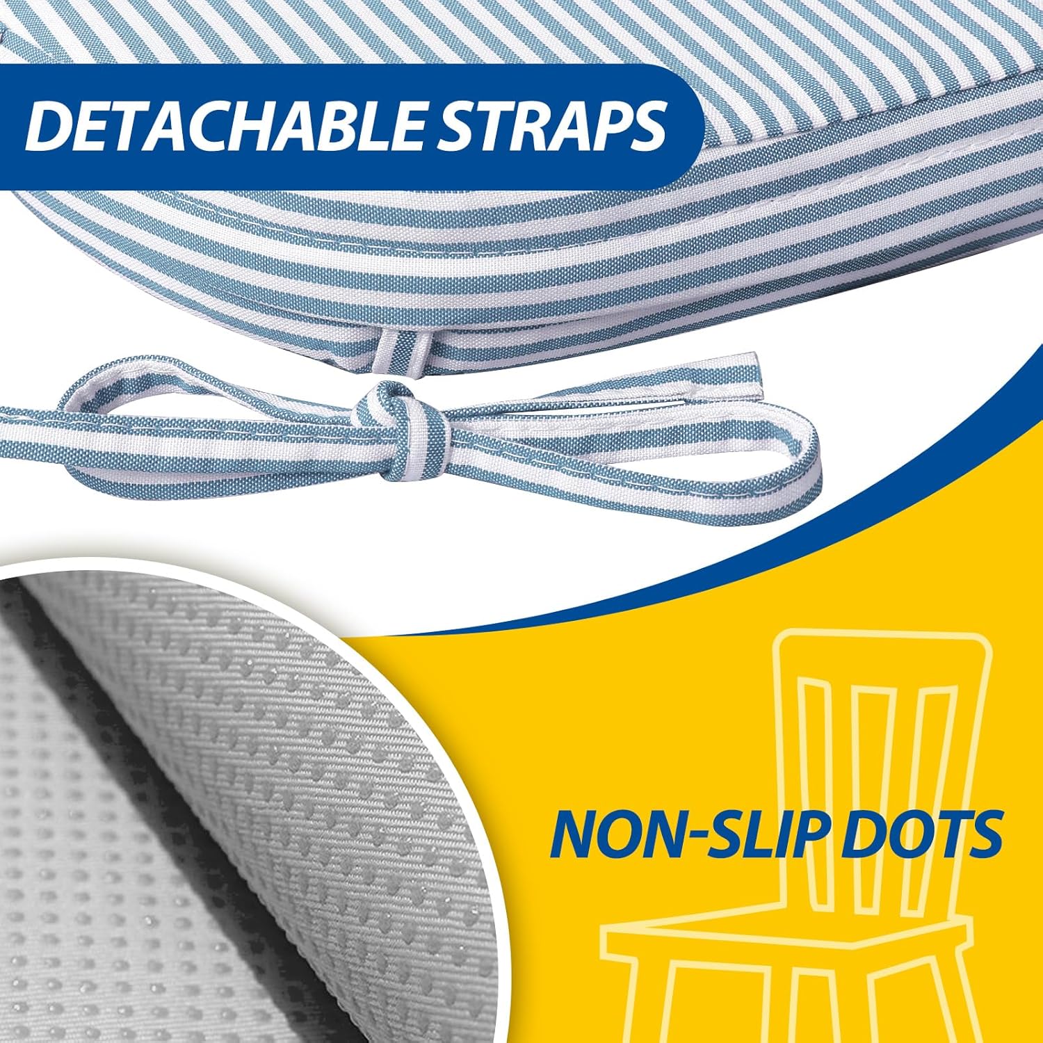 AAAAAcessories D-Shaped Chair Cushions, 2" Thick Dining Chair Pads with Ties and Removable, Machine-Washable Cover, 17" x 16", Set of 6, Pinstripe Blue