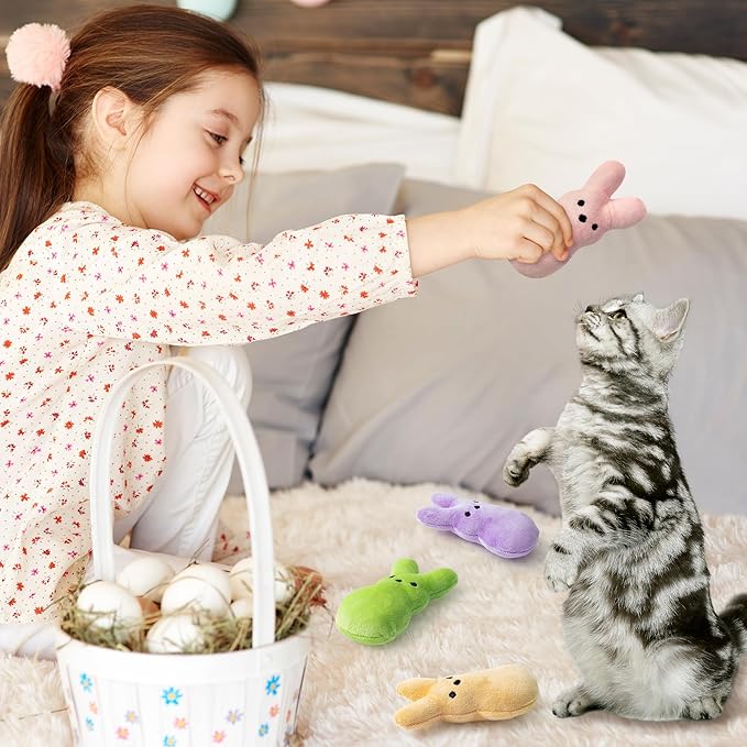 MALLMALL6 5Pcs Easter Bunny Catnip Toys Gift for Cat, Indoor Cats Chew Bite Kick Colorful Rabbit Peeps Catmint Pet Supplies for Kitten Lover Gifts, Cute Interactive Kittens Toy for Pet Presents