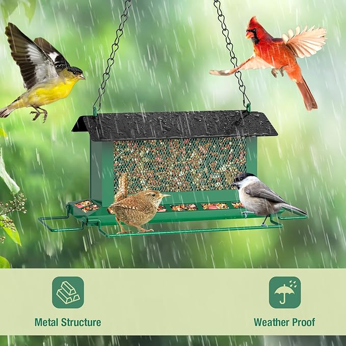 Bird Feeder for Outdoor Hanging, Large Squirrel Proof Birdfeeders with 14 Feeding Ports - Heavy Duty Metal Bird Feeders for Large Capacity Outside Hanging, Green