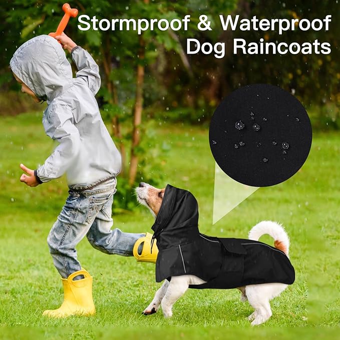 Large Dog Raincoat, Reflective Waterproof Rain Jacket with Convertible Hood/Collar, Lightweight Adjustable Dog Poncho with Leash Hole Full Coverage (Black, L)
