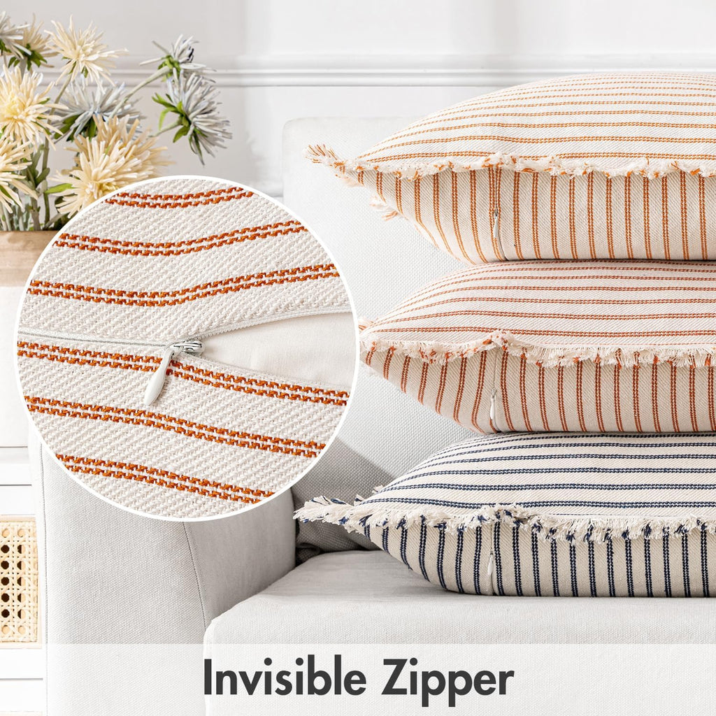 MIULEE Pack of 2 Rust Pillow Covers 18x18 Inch Striped Farmhouse Couch Throw Pillow Covers with Fringe Chic Linen Decorative Cushion Covers for Sofa Living Room Bed Outdoor Home Decor