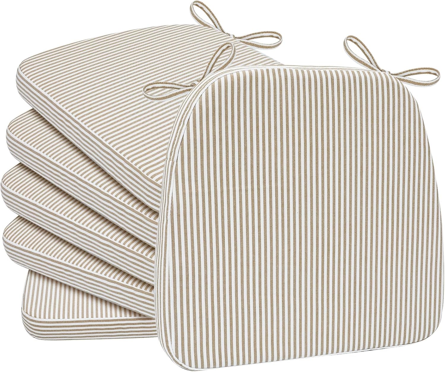 AAAAAcessories D-Shaped Chair Cushions, 2" Thick Dining Chair Pads with Ties and Removable, Machine-Washable Cover, 17" x 16", Set of 6, Natural Sand Pinstripe