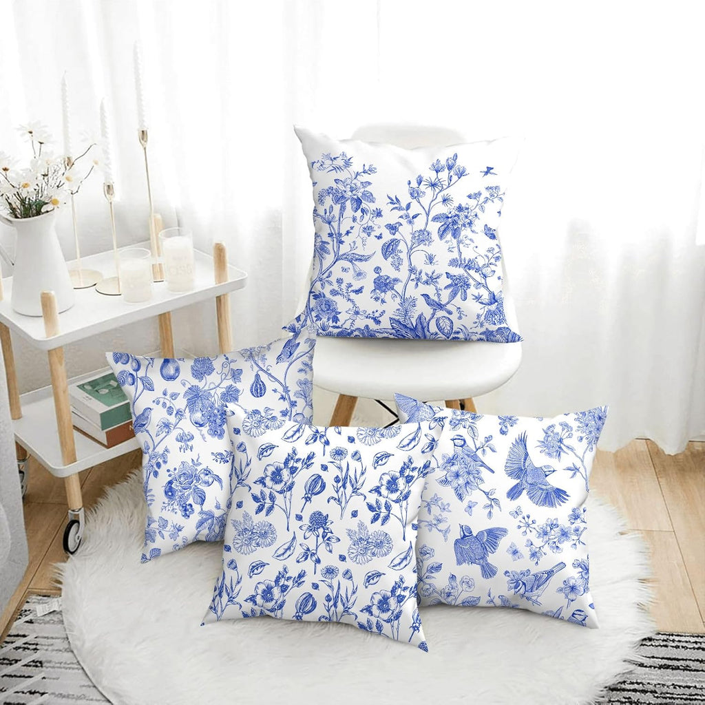 Blue Floral Bird Pillow Covers 18x18 Inch, Chinoiserie Throw Pillow Cases Set of 4 Spring Summer Flower Decorative Pillowcases for Couch Bed Sofa Cushion Living Room, Chinoiserie Decor