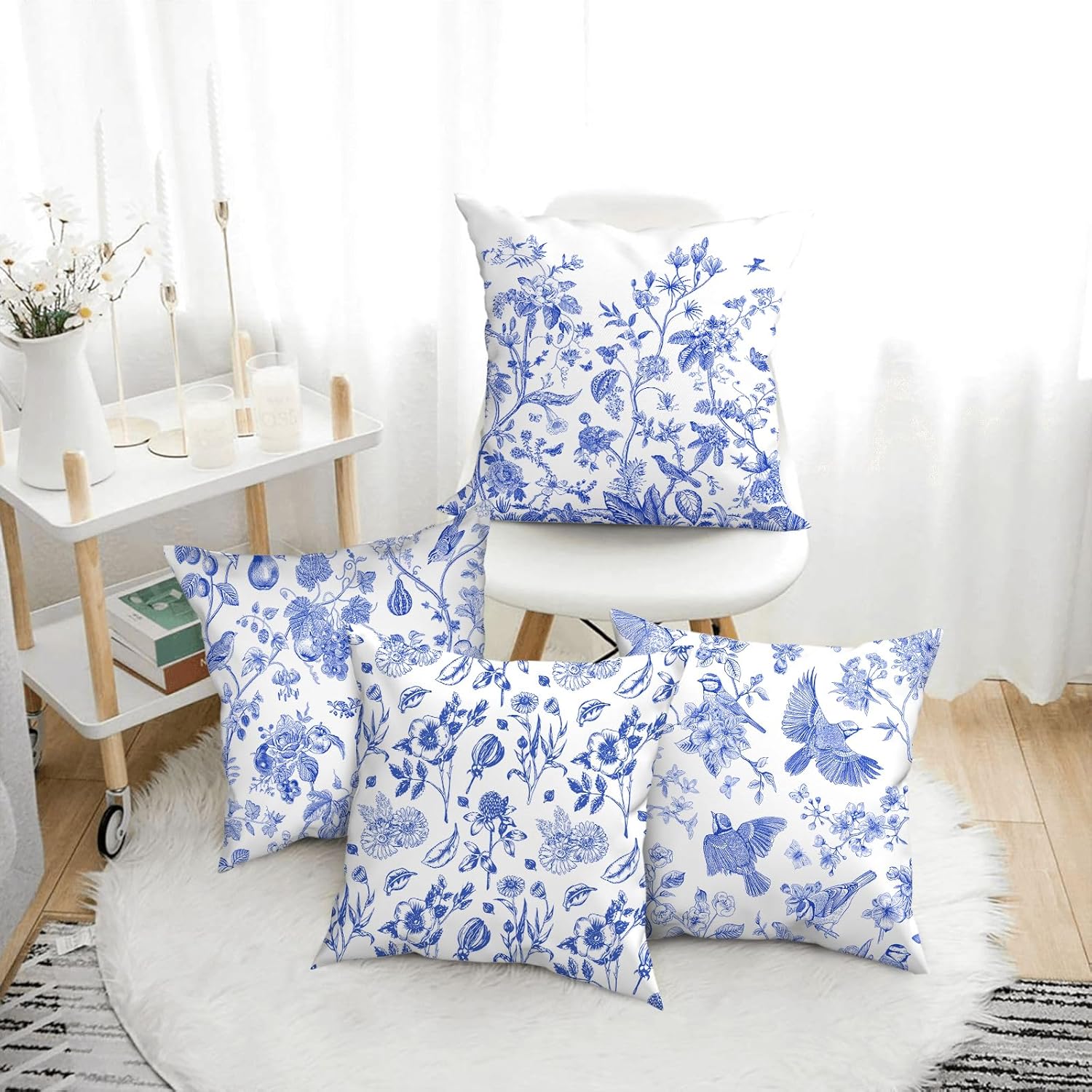 Blue Floral Bird Pillow Covers 18x18 Inch, Chinoiserie Throw Pillow Cases Set of 4 Spring Summer Flower Decorative Pillowcases for Couch Bed Sofa Cushion Living Room, Chinoiserie Decor